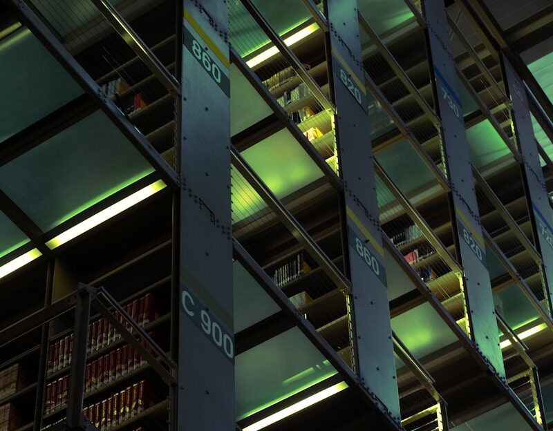 Photo by Angel Maldonado A modern library features bookshelves.